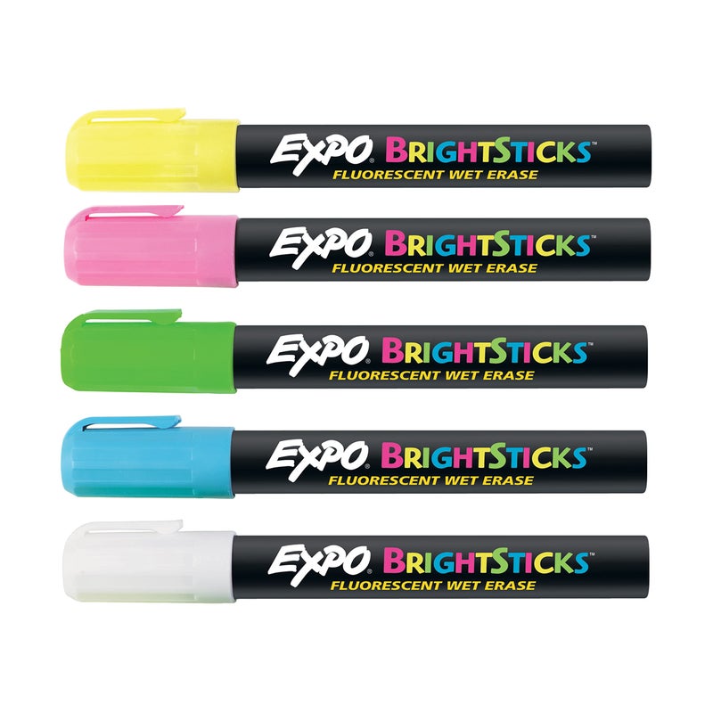 EXPO Bright Sticks, Wet Erase Fluorescent Markers, Bullet Tip, Assorted Colors, 5 Count - Whiteboard, Calendar, Organization, Teacher Supplies - Image 1